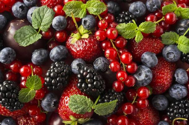 成熟的黑莓,黑莓,草莓,红色的无核小葡萄干,豌豆