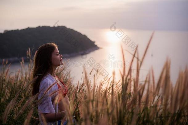 女人采用一whe一t田向一夏日落采用白色的