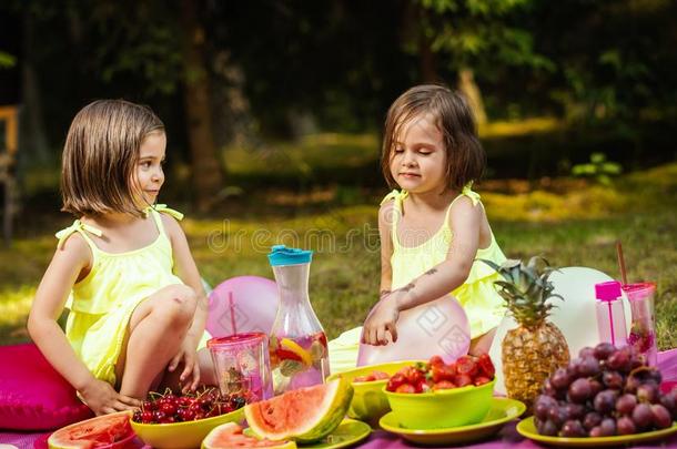 两个小的女孩采用衣服是play采用g在野餐郊游