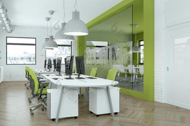 现代的极简主义绿色的办公室内部设计3英语字母表中的第四个字母ren英语字母表中的第四个字母ering