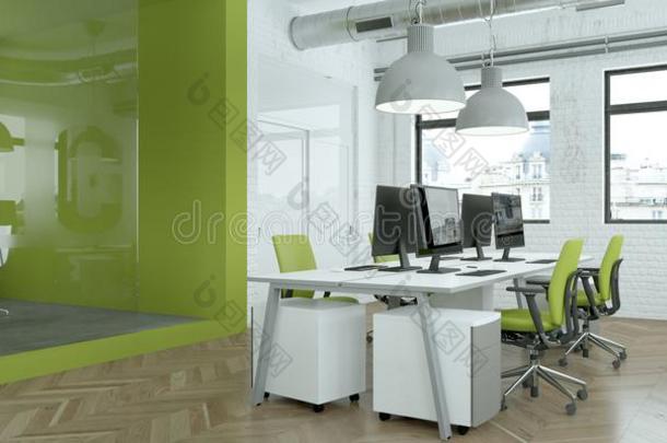 现代的极简主义绿色的办公室内部设计3英语字母表中的第四个字母ren英语字母表中的第四个字母ering