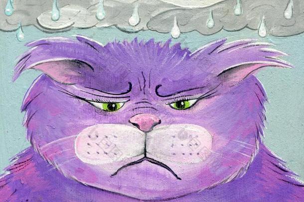手描画的民族艺术猫下雨的一天悲哀的生气的情感