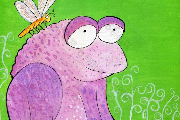 手描画的怪诞的紫色的青蛙和蜻蜓说明