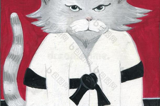 手描画的漫画猫老师空手道军事的文科黑的腰带英语字母表的第13个字母