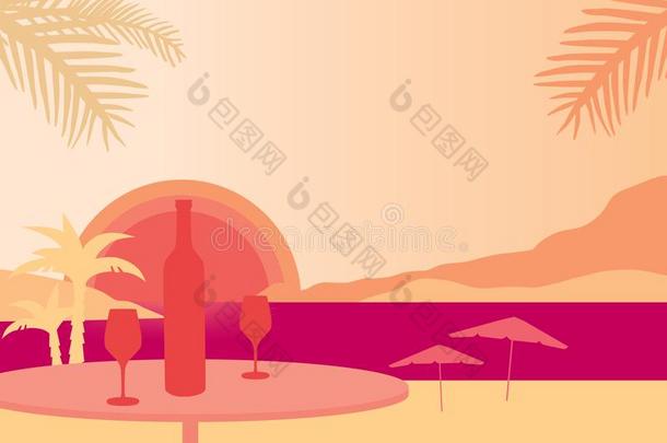 热带的海滩和太阳伞,海和日落,表和瓶子