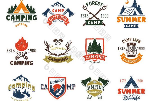放置关于酿酒的森林营地徽章和旅行标识h和疲惫的员工