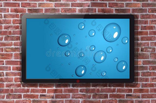 聪明的television电视机和蓝色滴水壁纸-砖墙采用后座