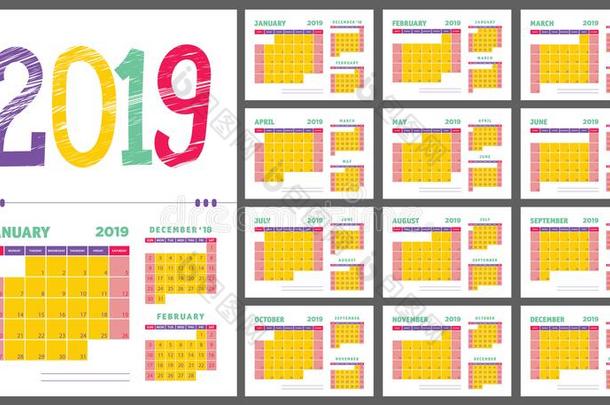 2019日历计划者.紫色的,黄色的,绿色的和红色的颜色卡伦