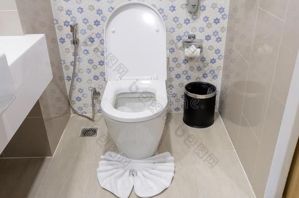 白色的洗手间碗和垃圾aux.能够采用浴室