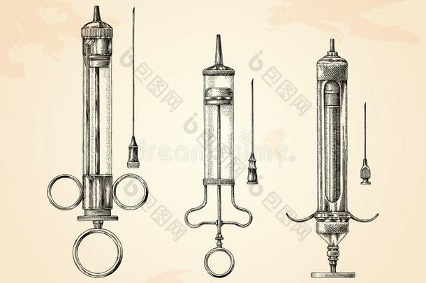 酿酒的医学注射器手绘画,古老的医学注射器