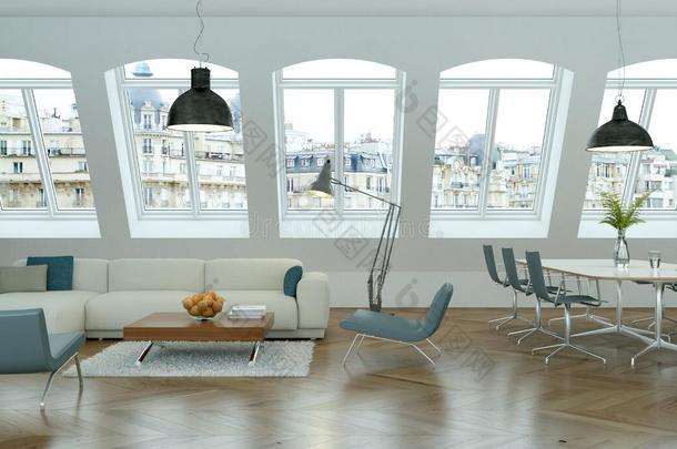 现代的明亮的斯堪地那维亚内部设计活的房间