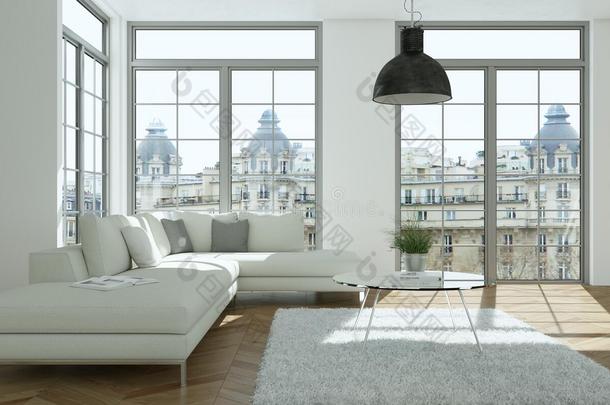 现代的明亮的斯堪地那维亚内部设计和白色的沙发