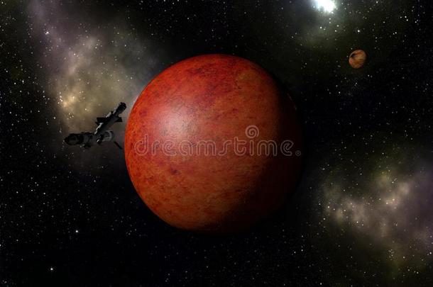 星际的宇宙飞船飞行的向未知的红色的行星.
