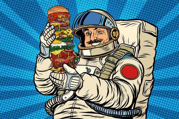 有大鬈曲八字胡的宇航员和巨人汉堡包
