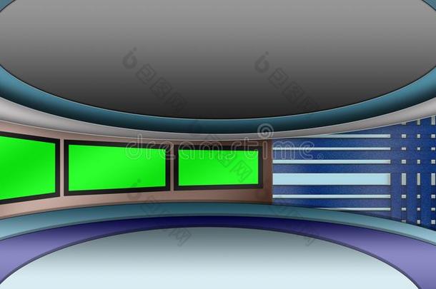 实质上的television电视机新闻工作室放置和绿色的屏幕