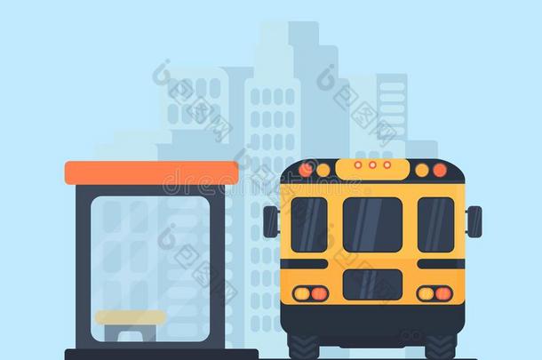 学校公共汽车和公共汽车停止.背看法矢量说明.城市用绳子拖的平底渡船