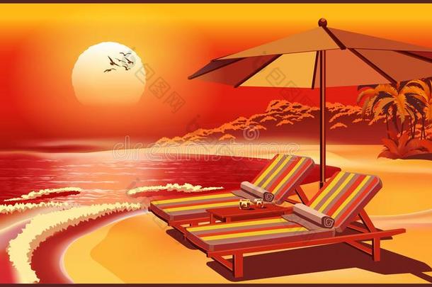 美丽的海滩雨伞和甲板椅子在日落