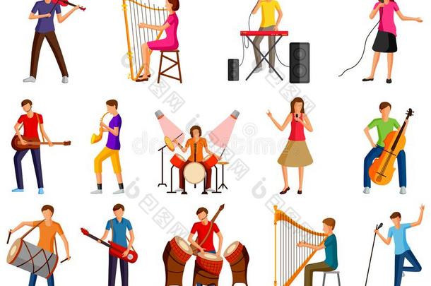 音乐家和艺术家演奏吉他,鼓,竖琴,键盘
