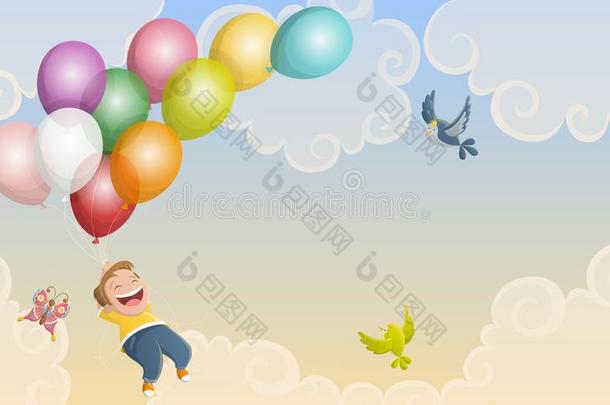 漫画小孩说明飞行的和气球