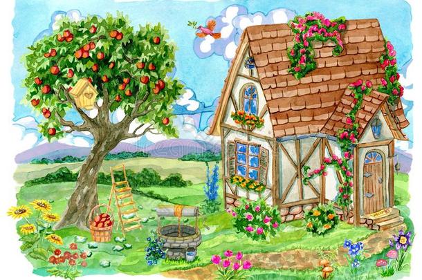 法奇沃克小屋房屋和苹果树,老的好,花园物体