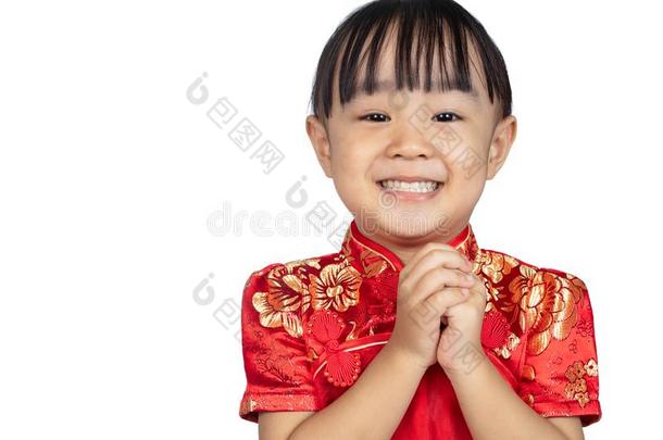 亚洲人中国人小的女孩使人疲乏的旗袍和招呼手势