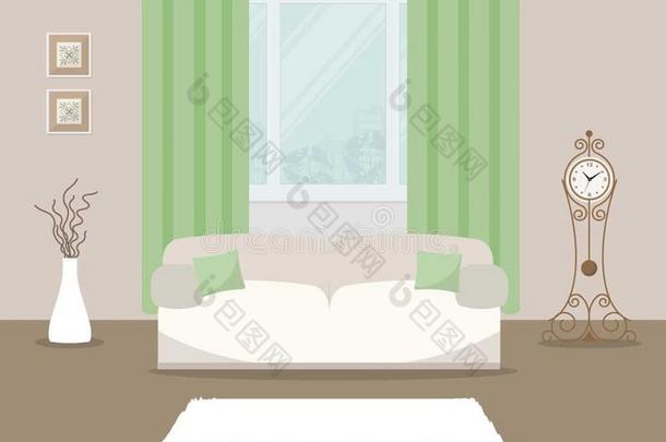 活的房间和白色的沙发和绿色的窗帘