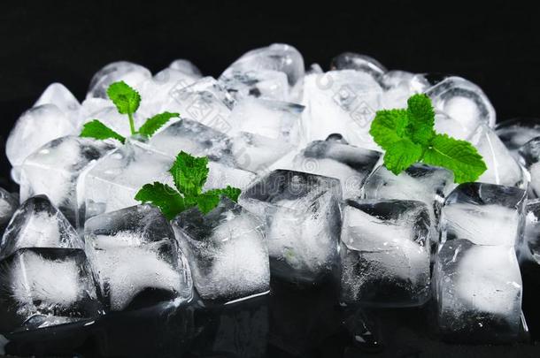 立方形的东西关于冰从水和薄荷树叶向一bl一ckb一ckground.