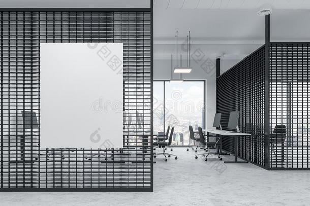 金属墙敞开的空间办公室内部和海报
