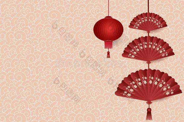 中国人灯笼和可折叠的扇子绞死向模式背景
