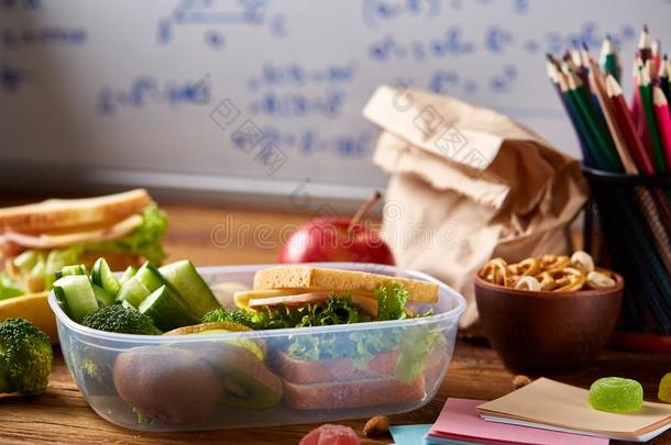 准备的<strong>火腿三明治</strong>为学校饭盒向木制的后座