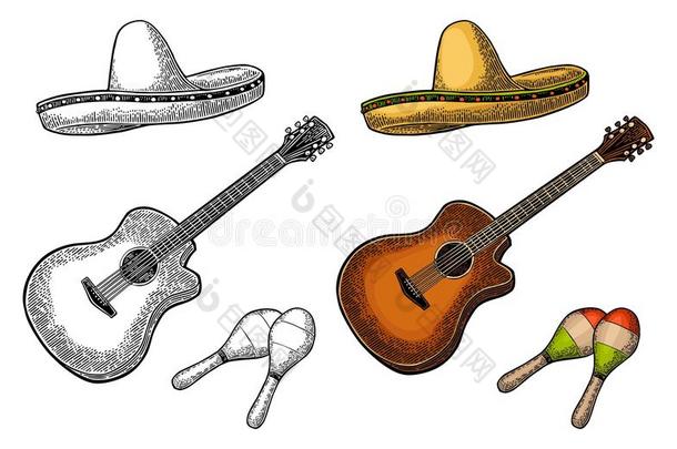 放置为海报墨西哥人狂欢节.吉他,沙球和宽边帽.