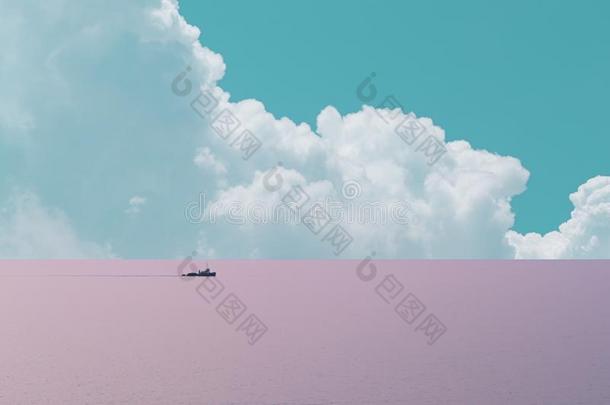 抽象的极简抽象艺术的风景优美的看法关于镇定的海和小船采用日落