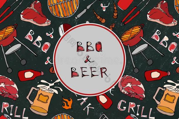 无缝的模式关于夏barbecue吃烤烧肉的<strong>野餐</strong>和啤酒社交聚会.牛排,香肠,英语字母表的第2个字母