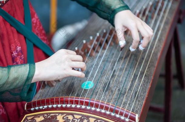 女人演奏<strong>古筝</strong>传统的中国人音乐仪器