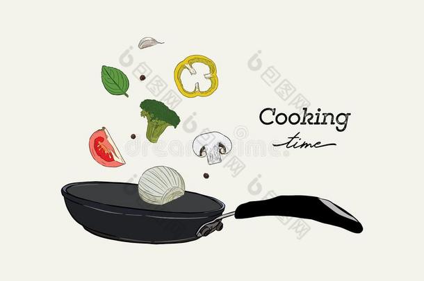 单色画现实的绘画关于锅平底锅和蔬菜.烹饪术