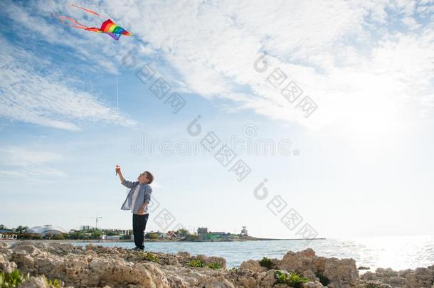 幸福的小的男孩和飞行的风筝向海<strong>城</strong>镇和天<strong>背景</strong>