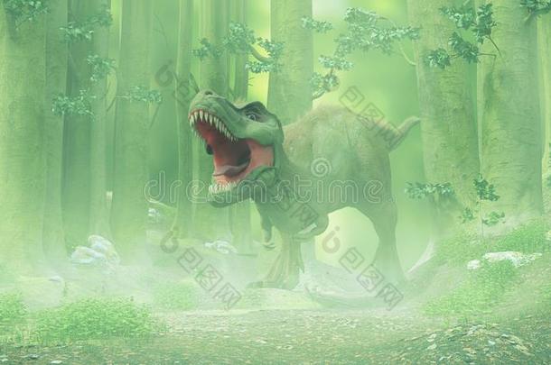 英语字母表的第20个字母雷克斯猫,暴龙雷克斯猫恐龙步行通过一有雾的森林