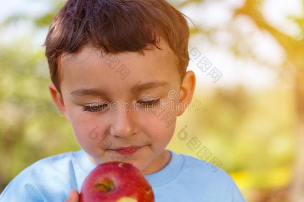 小孩小孩小的男孩吃苹果成果户外的共空间太棒了