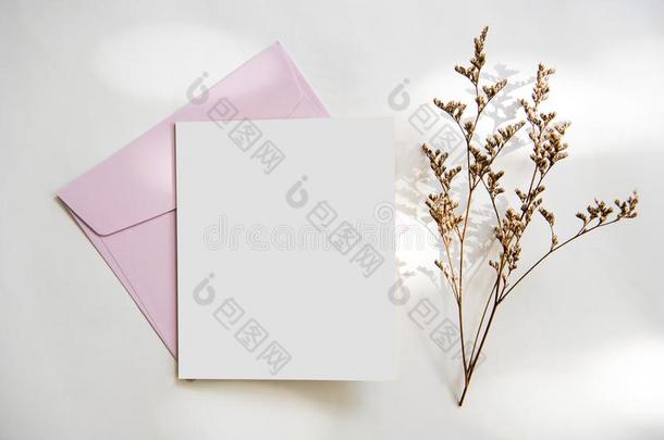 空白的白色的招呼卡片和信封和花.为假雷达