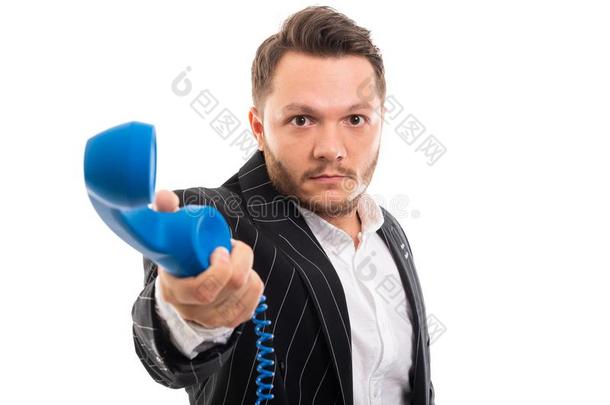 肖像关于商业男人处理方法蓝色电话接受者