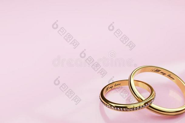 婚礼卡片全部的我的爱-粉红色的背景和两个金色的戒指