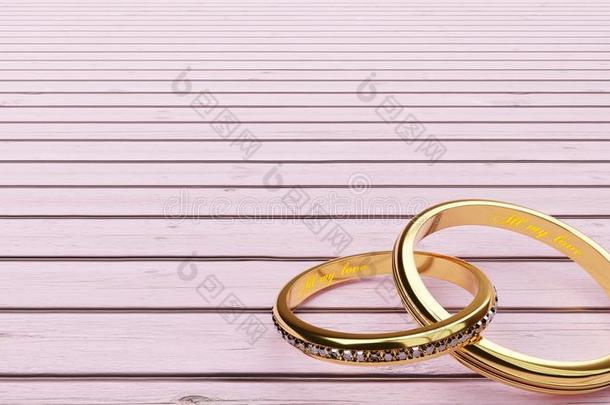 婚礼卡片-粉红色的背景和两个金色的戒指连接一起