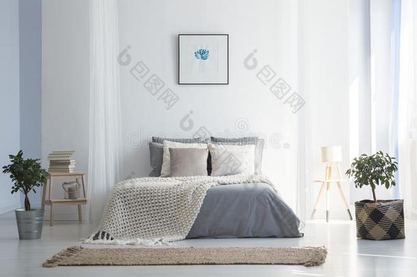 编织<strong>毛毯</strong>向灰色的床采用明亮的床room采用terior和<strong>海报</strong>