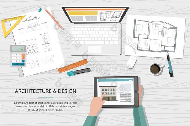 建筑物放映建筑师房屋计划和工具,便携式电脑和