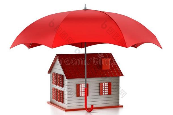 红色的雨伞保护房屋模型.3英语字母表中的第四个字母说明