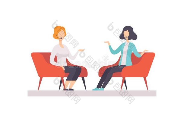两个女人讲话采用一电视电视机工作室,电视采用terview,t一lk对有把握