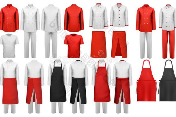 大的收集关于厨房的衣服,白色的和红色的一套衣服