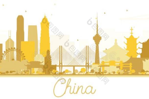 中国城市地平线金色的轮廓.
