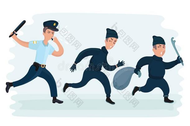 年幼的警察部门男人跑步追赶小偷逸出的和偷袋