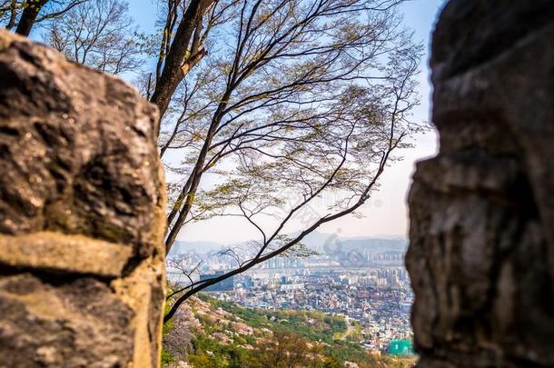 首尔南方朝鲜,城市风光照片背景在之间岩石和一特尔